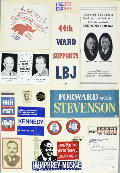 An assortment of printed political campaign advertisements for John F. Kennedy, Herbert Humphrey,  Lyndon B. Johnson, Thomas E. Dewey, and others.