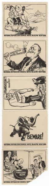 Set of five anti-FDR stamps with caricatures of Franklin Delano Roosevelt. The stamps are intact except for the one on the bottom. Each stamp has perforations, and text beneath that reads: "National Republican Council • Hotel McAlpin • New York."