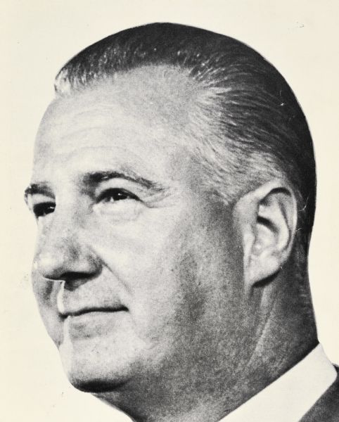 Folded booklet with a head shot of Spiro Agnew, Vice President of the United States. The inside is printed with Spiro Theodore Agnew's personal and professional information.