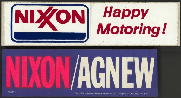 Two bumper stickers for Richard Nixon. The top bumper sticker is white with a blue border and red text that reads: "Nixon Happy Motoring!," with a double crossed "X," The bottom bumper sticker is blue with red and white text, which reads: "Nixon/Agnew."