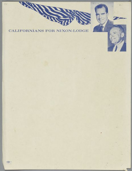 Nixon-Lodge letterhead which displays a flag, and head and shoulder portraits of Richard Nixon and Henry Lodge which reads: "Californians for Nixon-Lodge."