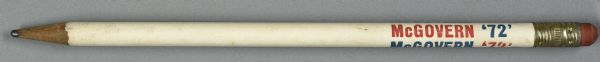 Graphite pencil with red and blue text on white reading: "McGovern '72'."