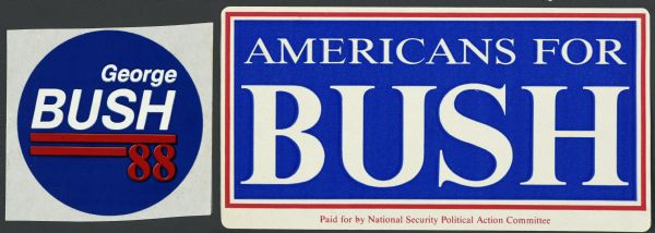 Two presidential political campaign stickers for George H.W. Bush. The sticker on the left is circular and reads: "George BUSH 88." The sticker on the right is rectangular with curved corners and has a blue background, red border and white text, and reads: "Americans for BUSH."