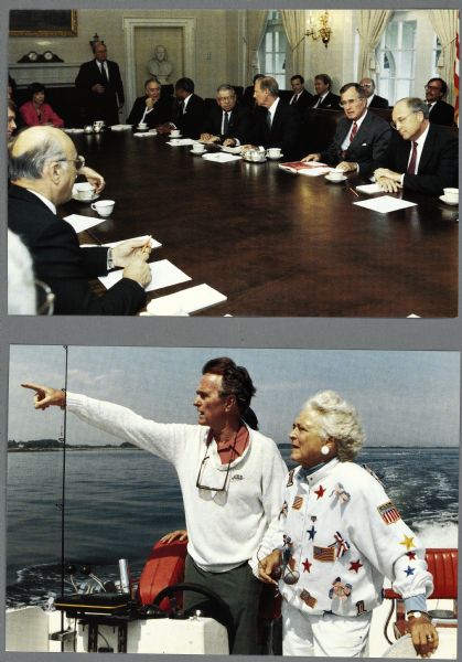 Two portraits of President George H.W. Bush. One caption on the reverse reads:"President Bush presides at a meeting of his Cabinet in the White House." The second caption reads:"The President and Mrs. Bush enjoy a day on the water aboard their boat at Kennebunkport, Maine." 