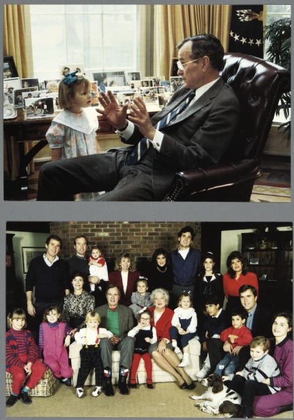 Two portraits of George H.W. Bush. One caption on the reverse reads: "Grandfather explains a few things about life to his granddaughter in a meeting at the oval office." The second caption reads: "The official portrait of all 22 members of the Bush family."