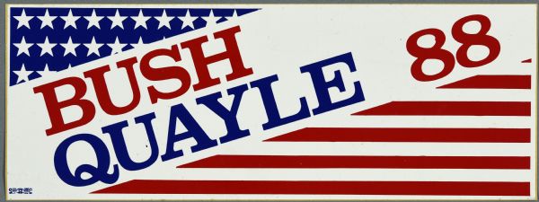 A presidential political campaign bumper sticker reads: "BUSH QUAYLE 88" at a diagonal direction from the lower left corner to the upper right corner. The upper left corner has a blue background with white stars, and the lower right corner has red and white stripes. (George H.W. Bush).
