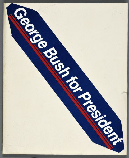 A blue bumper sticker with white text and a red underline that reads: "George Bush for President" cut and attached onto a white folder. (George H.W. Bush).