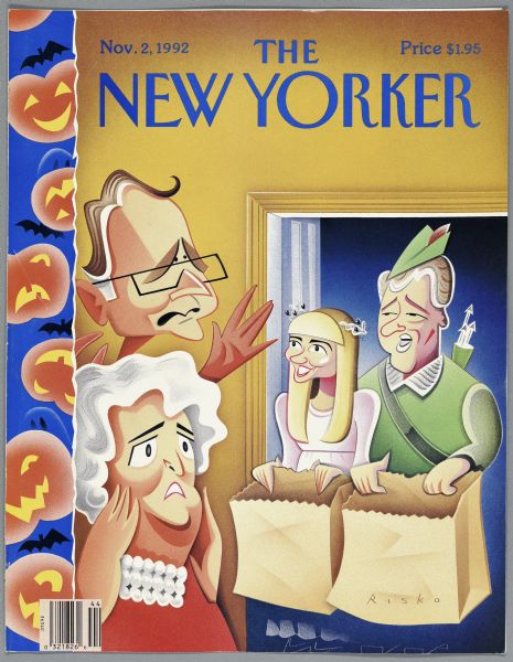 The cover of a November 1992 edition of "The New Yorker" magazine. On the left side, down the spine, are jack-o-lanterns, bats, and ghosts  with a torn looking edge. The rest of the cover features two frightened looking individuals opening a door for trick-or-treaters, who are dressed as a robin hood-like character, and a woman with blond hair, a pink dress, and branches(?) coming out of her hair. They are both holding out paper bags. One bag reads: "RISKO."