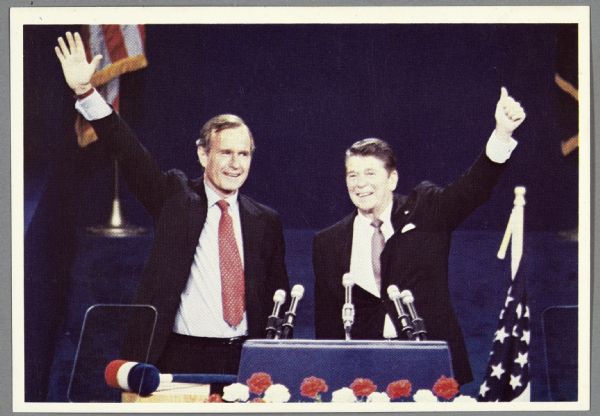 A presidential political campaign postcard with a photograph of George Bush (left) and Ronald Reagan (right) with their fists in the air. Printed on the back of the postcard: "Thank you for being so generous in your support for our Party. With deep appreciation, Bill Brock."