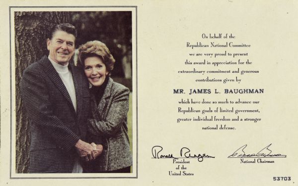 A presidential political campaign mailer of an award of appreciation from the Republican National Committee to Mr. James L. Baughman. On the left side is an outdoor portrait of Ronald and Nancy Reagan.