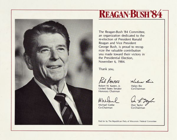 A presidential political campaign award of appreciation for Reagan-Bush '84. On the left is a black and white head and shoulders portrait of Ronald Reagan. Text on the right reads: "The Reagan-Bush '84 Committee, an organization dedicated to the re-election of President Ronald Reagan and Vice-President George Bush, is proud to recognize the valuable contribution you made toward their victory in the Presidential election on November 6, 1984."