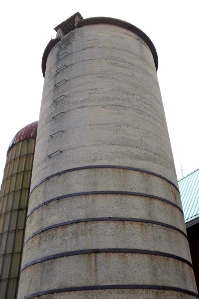 View looking up a two silos.