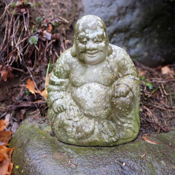 A weather-worn statue of the Ho Tai (Happy Buddha) sitting on a wet rock surrounded by leaves and dead plant material.