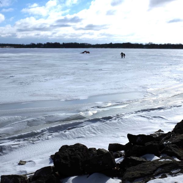 View from rocky shoreline towards two people, an adult and a child, walking across the ice and snow covered lake. In the middle of the lake is a dinosaur or dragon statue.