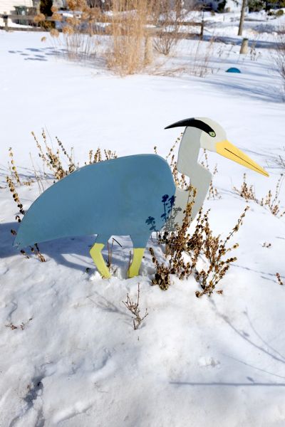 A painted, flat, yard sculpture of a blue heron sitting in the snow in the photographer's yard. A few dead plants are sticking up out of the snow.
