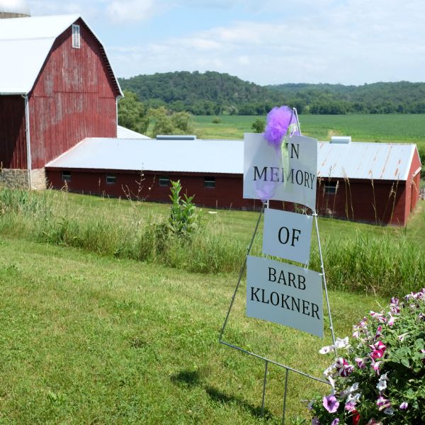 A sign next to a flowering bush on a hill reads: "In memory of Barb Klokner." In the background down the slope are red barn buildings with white roofs standing in a grassy field. In the distance are tree-covered hills. 