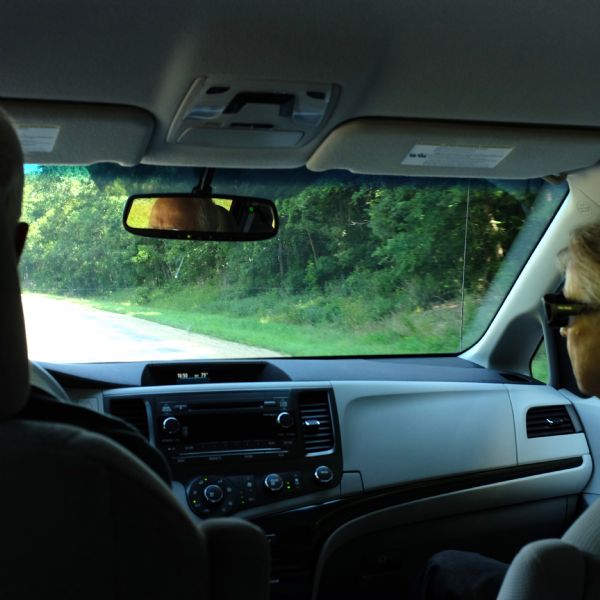 View looking through windshield from the backseat of a car. There is a driver on the left, partially visible in the rear view mirror. On the right is a passenger wearing sunglasses.