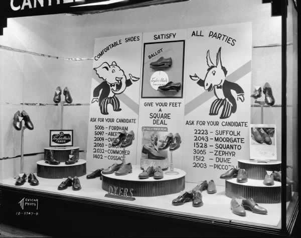 Dyers Shoe Store, at 109 State Street, with a display window featuring men's shoes, and the words: "Comfortable shoes satisfy all parties," and "Give your feet a square deal." Includes illustrations of a donkey and elephant dressed patriotically.