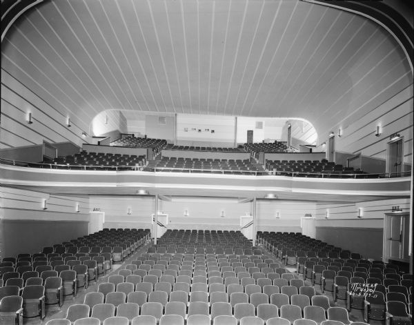 Madison Theatre, 111 Monona Avenue. (Martin Luther King Jr. Boulevard). View from the stage of seats on main floor and the balcony, in the Art Deco style.
