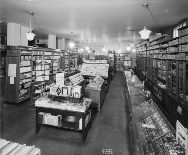 Slightly elevated view of Brown's Book Shop, looking towards the rear, located at 643 State Street.