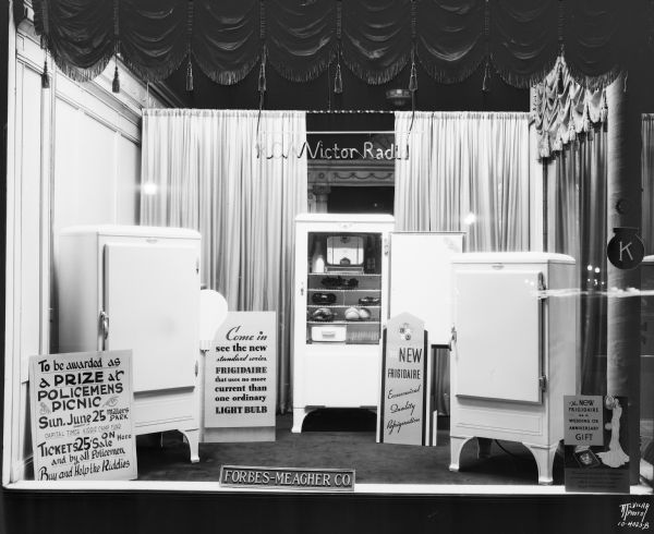 Forbes-Meagher Co. display window showing Frigidaire refrigerators. 27 W. Main Street.