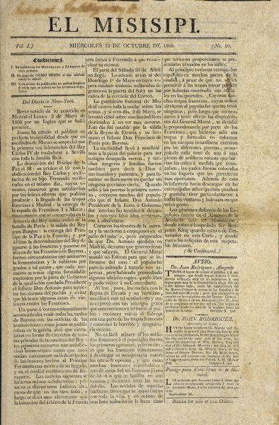Front page (page 1) of the newspaper <i>El Misisipi</i>. Earliest Spanish-language periodical published in the United States.