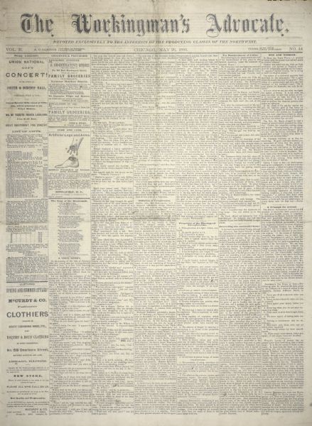 Page one of "The Workingman's Advocate." The front page of the newspaper includes an illustration that advertises "Artificial Legs and Arms" for wounded Civil War veterans towards the top of the second column.  