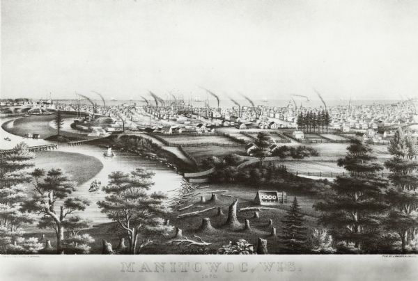 Bird's-eye view of the city of Manitowoc with a population of 5,168 inhabitants as it appears in 1870, the year the village was granted a city charter by the state legislature. On the left, the Manitowoc River winds its way around a flat land formation known as Lueps Island, which is destined to become the shipbuilding peninsula, and flows eastward under the 8th Street bridge to Lake Michigan, in the distance. The city's homes, churches and industries expand on both sides of the river. Schooner masts line the harbor. A tall stand of evergreen trees in the middleground, right of center among the farmyards, is the approximate location of Westfield Park, today. The artist's elevated vantage point from Gerpheide's Park, a popular gathering and recreation spot, allows greater foreground details such as the park's rifle target on the right, stumps, logs along the river's edge and people in small boats. The partial bridge spanning the river is the artist's depiction of a decaying 1850's railroad bridge. Early efforts to bring rail service to the village were suspended shortly after the bridge's construction. In 1871, a new pile-type bridge was built to replace it, and railroad service finally began a year later. The bridge and rail bed remain in the same location, today. Holy Family Hospital stands on the hill, which was previously Gerpheide's Park.