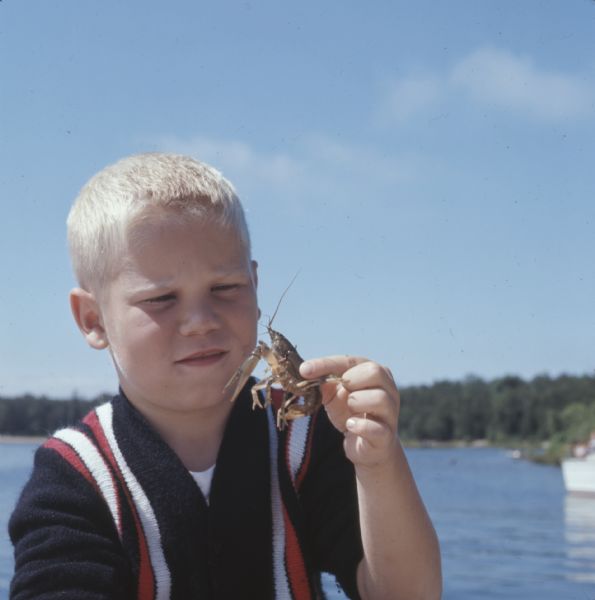 Portrait of a young boy in front of a lake holding up and examining a crayfish.