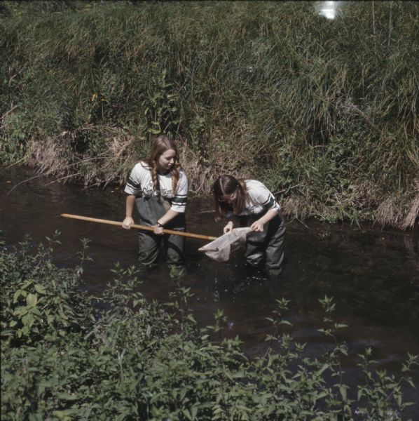 Two young women wearing waders are standing in a creek or small river. One of the women is holding a net just above the water, while the other women is examining the contents of the net.