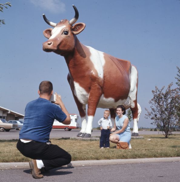 Rear view of a man kneeling on the ground while taking a photograph of his wife and son who are posing in front of a large fiberglass statue of a brown and white cow. The woman is kneeling next to the boy who is standing. Automobiles are sitting in the parking lot in the background.