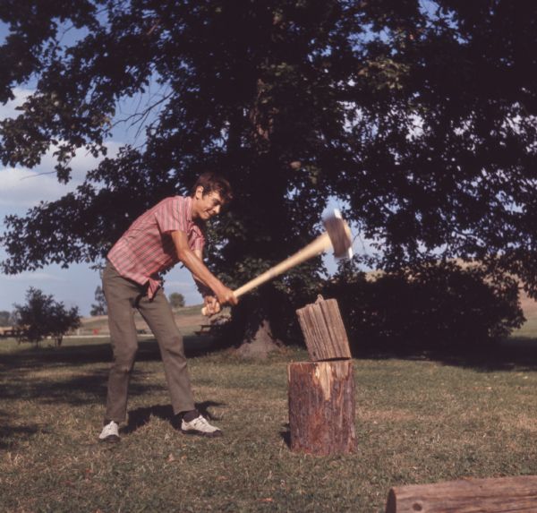 View across lawn towards a man swinging an ax to split a piece of wood.