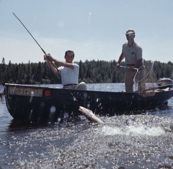 Two men in a canoe on a lake. One man is pulling a muskellunge (musky) out of the water with his fishing pole. The other man is standing and holding a net preparing to net the fish.
