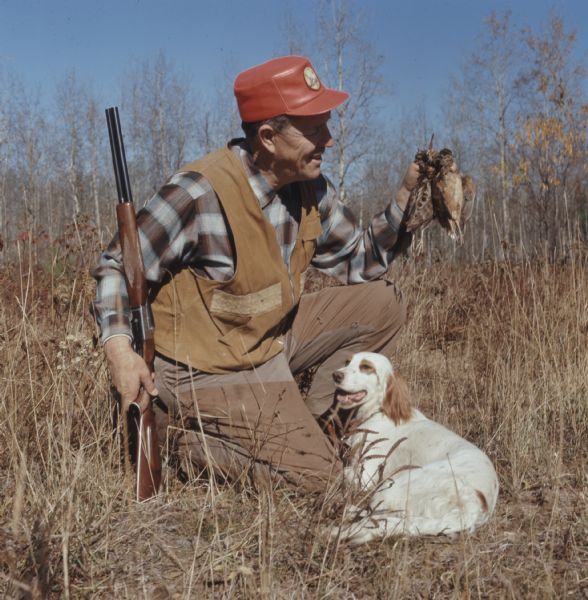A man is kneeling down in tall grass, holding his rifle in his right hand and two woodcocks in his left hand. His dog (a setter) is lying on the ground next to him.