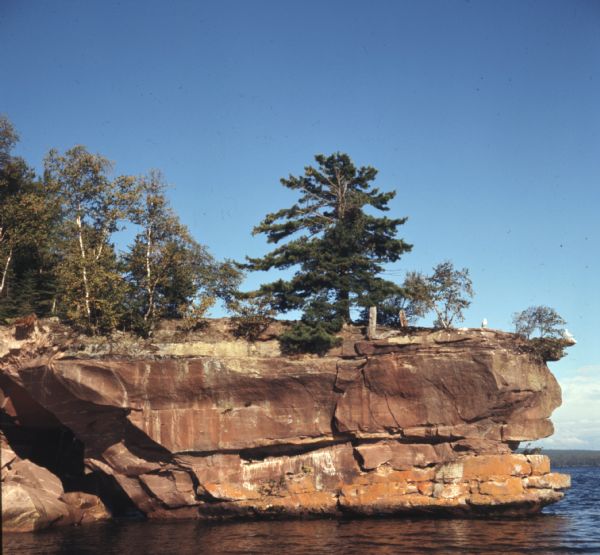 View across water towards two seagulls resting on a rock outcropping of Stockton Island. Trees are growing on the top of the formation.