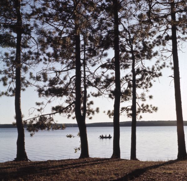 View across grass towards a row of trees on the shoreline of Star Lake. Three people are fishing from a canoe out on the lake.