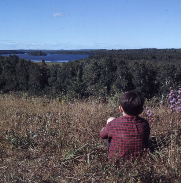 Elevated view of St. Croix Lake. In the foreground is a boy sitting in the grass looking at the view.