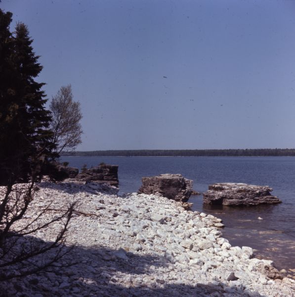 White rocky shoreline on Lake Michigan.