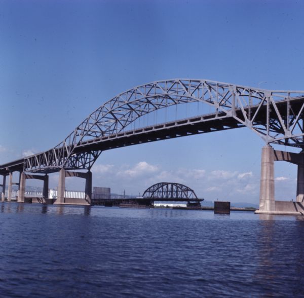 View across water towards the Duluth-Superior bridge.