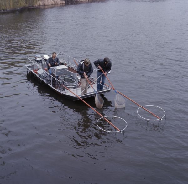 Slightly elevated view of three men in a boat designed to shock fish with an electrical current. One man is driving the boat, while two other men are standing and holding nets over the water.