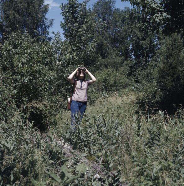 View towards a woman standing among trees and plants and looking up into the sky through a pair of binoculars. 
