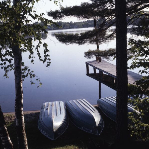 Elevated view through trees towards four rowboats stored on the shore upside down next to a small dock on a calm lake.