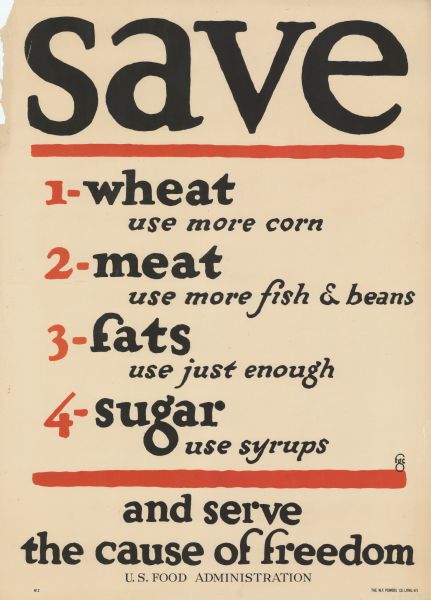 Poster identifying substitute foods for civilians to use, to help the war effort. Substitutes listed are: 1. Wheat - use more corn 2. Meat - use more fish and beans 3. Fats - use just enough 4. Sugar - use syrups.