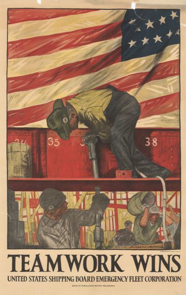 Poster with an illustration of several men working in a shipyard.  In the background is an American flag. The text at the bottom reads: "United States Shipping Board Emergency Fleet Corporation.