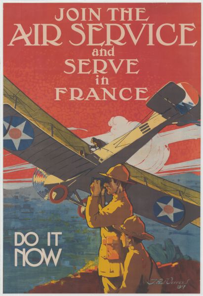 Poster with an illustration of an airplane with French markings flying in the sky. Two soldiers are in the foreground, one with binoculars, are looking off to the left.