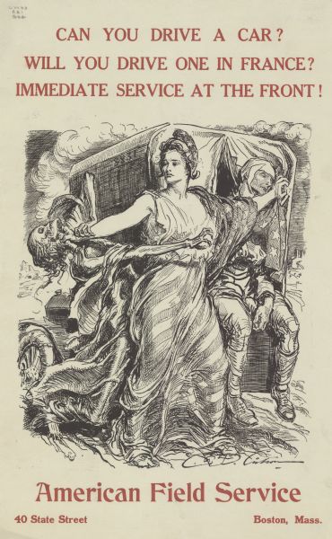 Poster with an illustration of Columbia, personification of the United States, standing at the rear of an ambulance. She is blocking a ragged skeleton (the Grim Reaper?) from reaching a wounded soldier in the back of the ambulance.