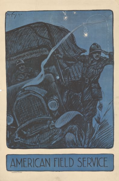 Poster featuring an illustration of a French ambulance driving at night. The driver is wearing a helmet, and the man standing on the side of the truck is looking ahead scanning the horizon. In the background two signal flares are tracing their arcs through the sky.