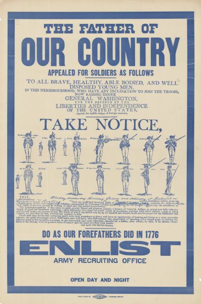 Poster featuring a reproduction of a Revolutionary War notice calling for soldiers. In addition to its text, this includes illustrations of soldier's positions. Current poster text reads: "The Father of Our Country Appealed For Soldiers as Follows. Do As Our Forefathers Did in 1776. ENLIST. Army Recruiting Office. Open Day and Night."