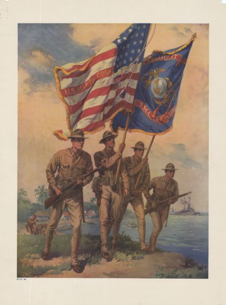 Poster featuring an illustration of four Marine corpsmen on a beach, with one Marine holding an American flag and another Marine a Marines flag. The other two Marines are carrying rifles. In the background, more Marines are coming ashore near a village, and a battleship is in the distance.