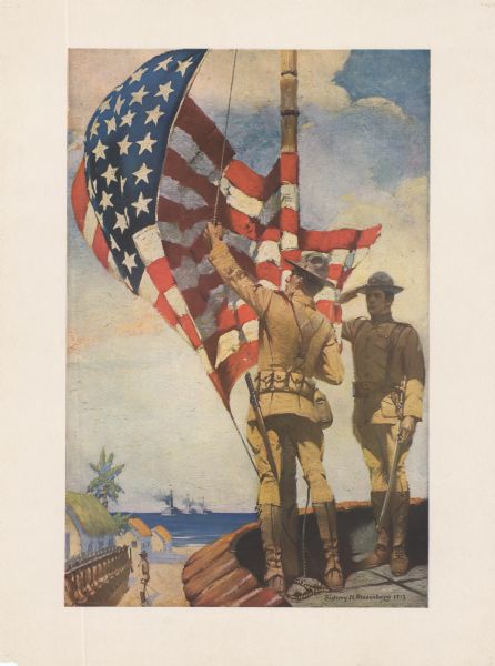 Poster featuring an illustration of two Marines corpsmen at a beach fort. One Marine is raising a U.S. flag while the other Marine is saluting. In the background, a row of Marines are standing at attention, and warships are on the horizon.